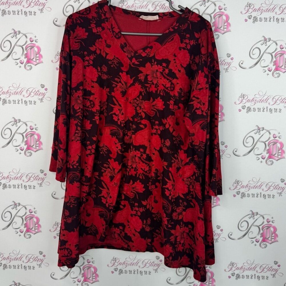 Orage long sleeve flowy flowers top blouse Red Floral Women's Blouse